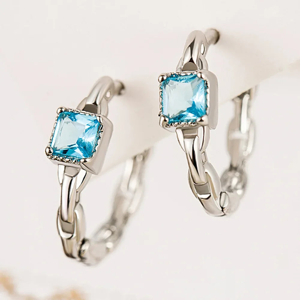 New style 925 sterling silver earrings blue zircon crystal simple geometric design jewelry for women engagement party gifts