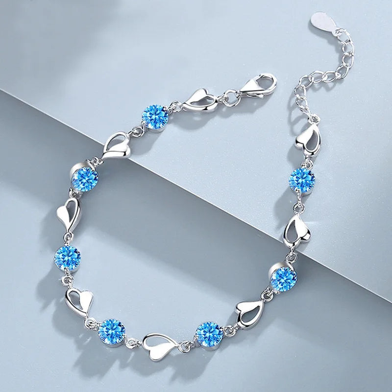 925 Sterling Silver Heart Shaped Bracelet For Women Retro Korean Versatile Blue Crystal Charm Bracelets Original Party Jewelry