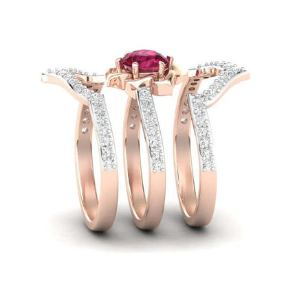 Rose Gold Color Flower Ring for Women Delicate Metal Inlaid Red Zircon Stones