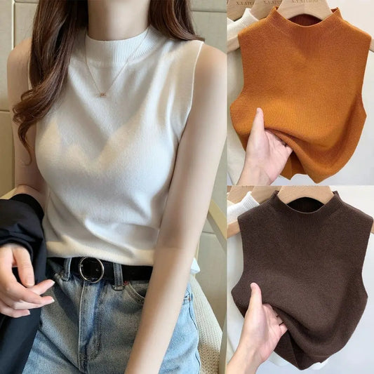 Solid Basic Women's Vest Tank Top Simple Knitted Tees T-Shirt Cropped Top Loose Elegant Women's clothing Camisole Sweater Spring