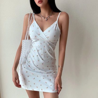 Retro V-neck Camisole Dress for Women Summer Dress Floral Bodycon Dress Women Clothing