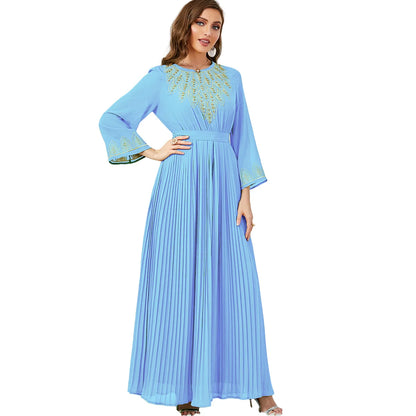 Turkish Middle Eastern Ethnic Muslim Women's Long Robes, Arab Abaya Fashion Pleated Embroidered Beaded Casual Jubah Dress. M-XXL