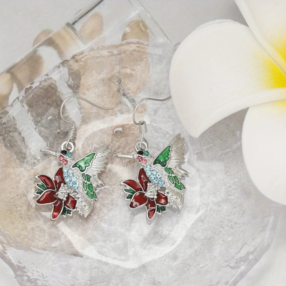 3pcs/set, Cute Hummingbird Red Flower Earrings Necklace Set, Birthday Christmas GiftsAnniversary Party Gifts,in A Niche Style,